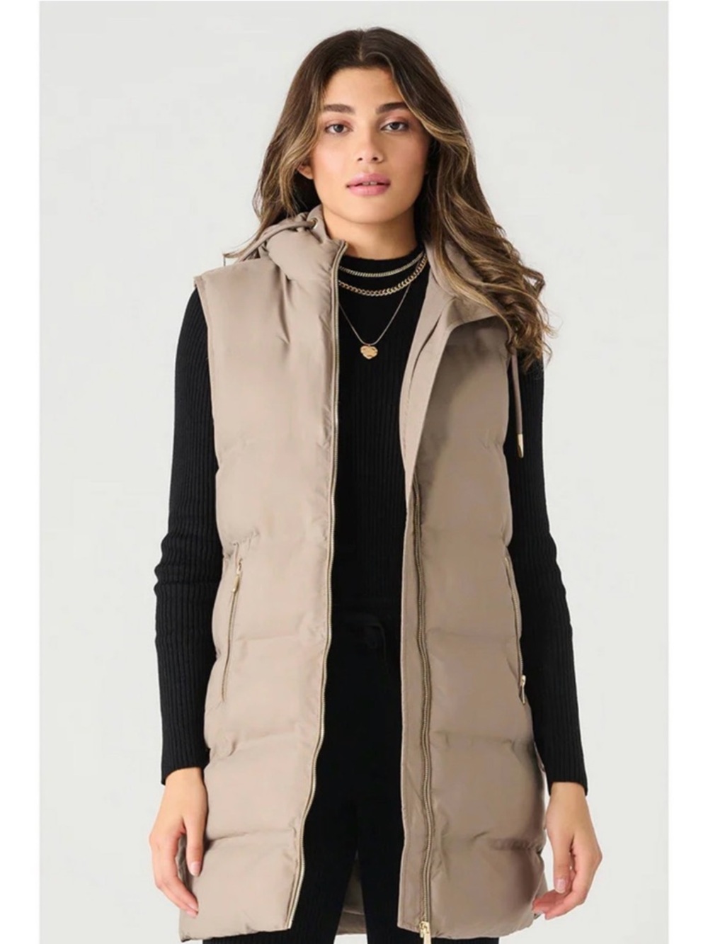 Dex Long Hooded Puffer Vest in Taupe XL